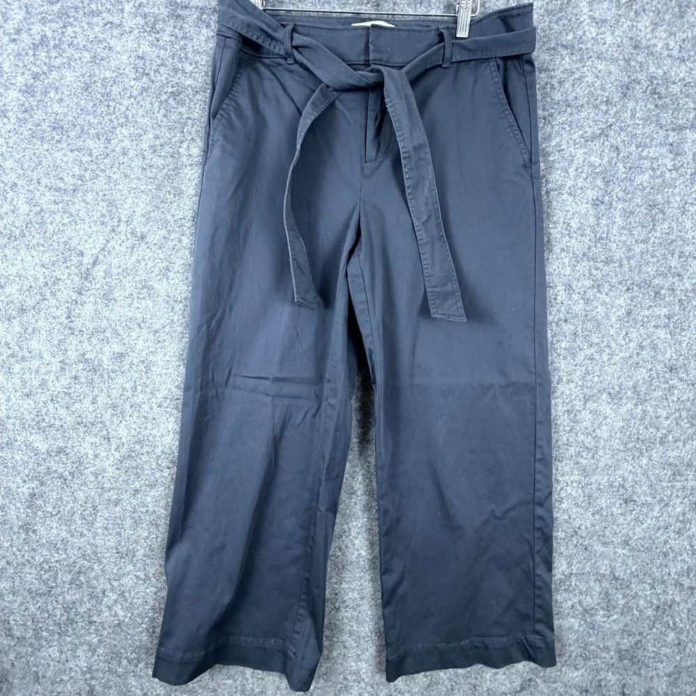 Loft Cropped Pants Women 10 Gray Cotton Stretch Flat Front Wide Leg Belted Waist